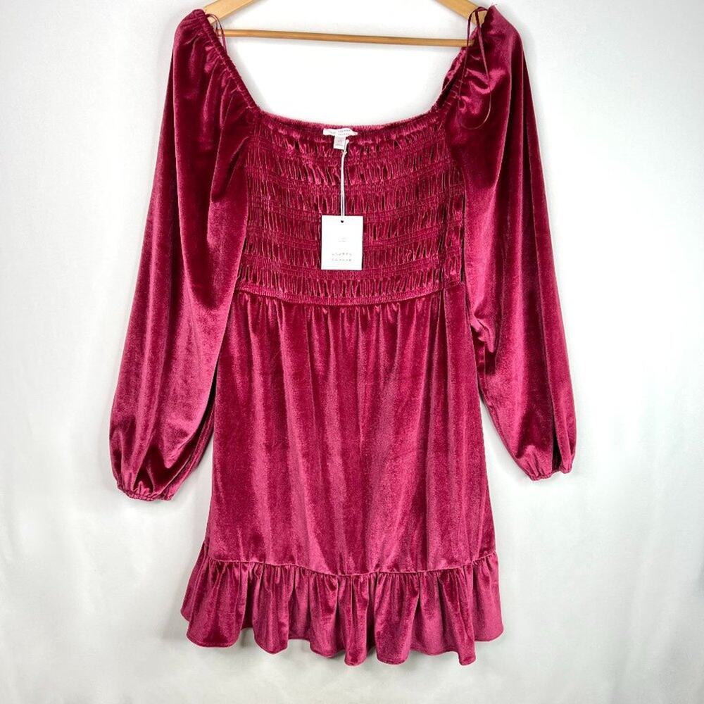 NWT LC Lauren Conrad Wine Chalet Smocked Velvet Dress XS - Picture 3 of 10